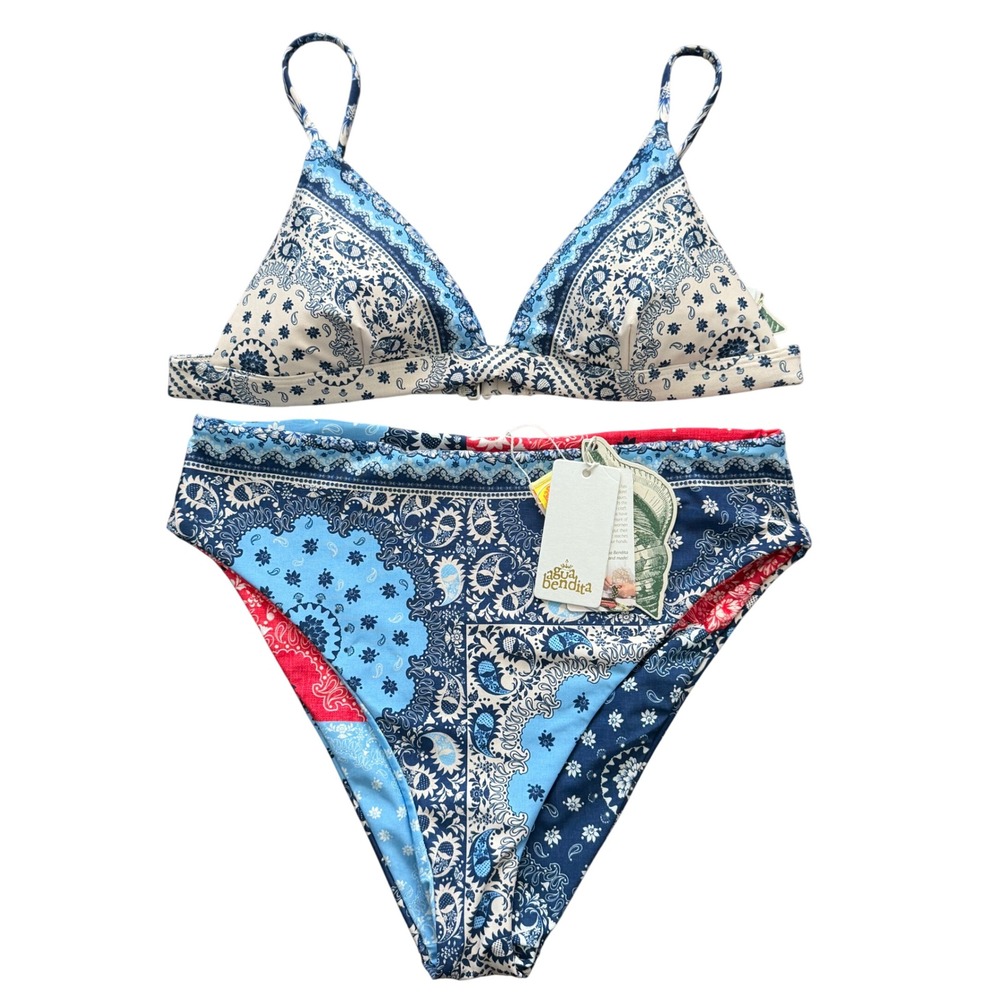 Agua Bendita Lisa Penelope Atma Paisley Bandana Bikini Set Blue XL NWT Beach
